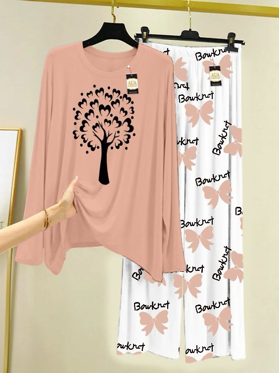 Peach Printed Nightwear Set with Boo Printed Trousers – Women's Lounge Wear