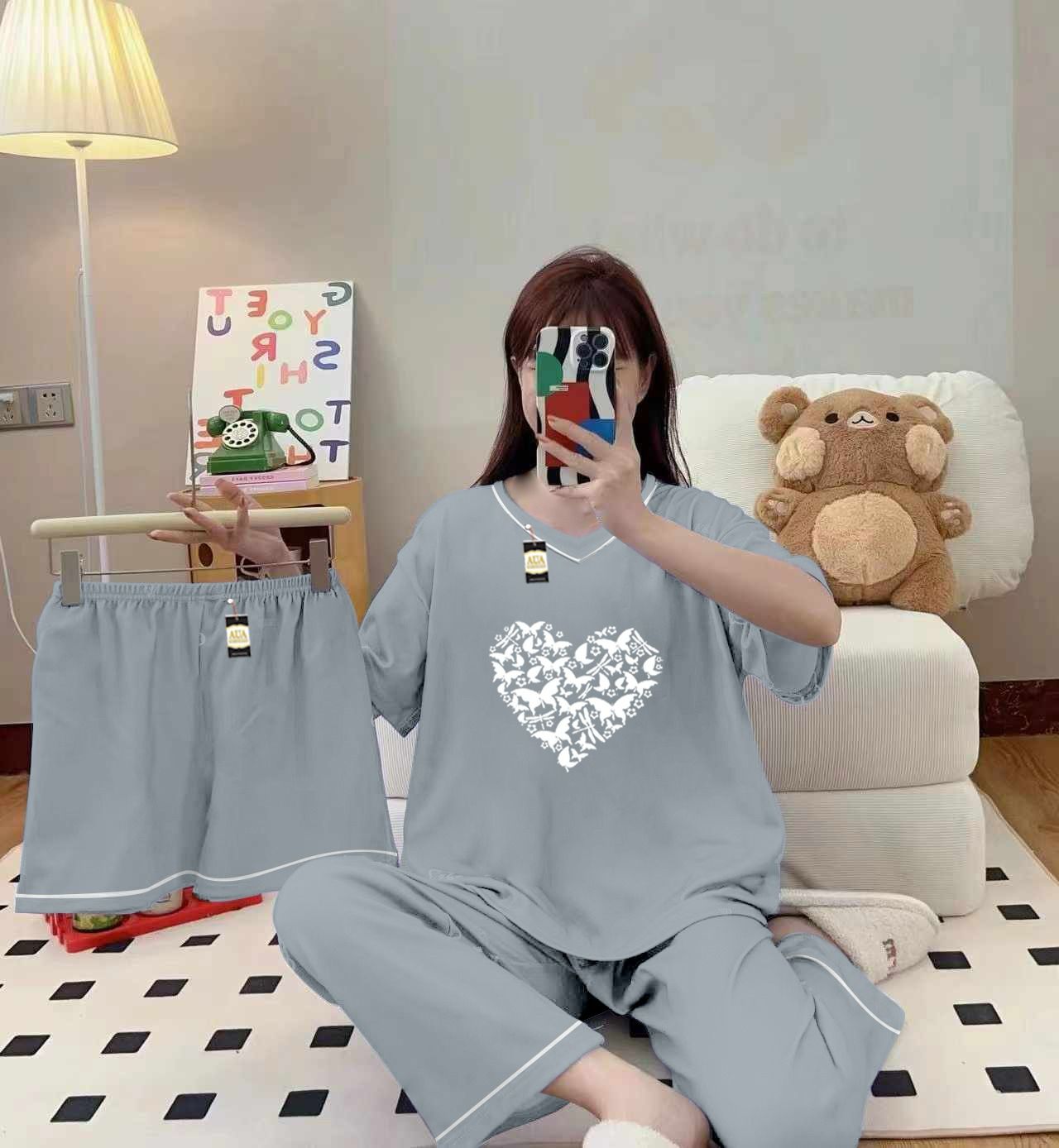 3-Piece Cami Nightwear Set for Women with Elegant White Borders Grey