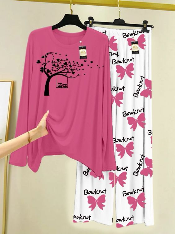 Baby Pink Printed Nightwear Set With Boo Printed Trousers – Women's Lounge Wear