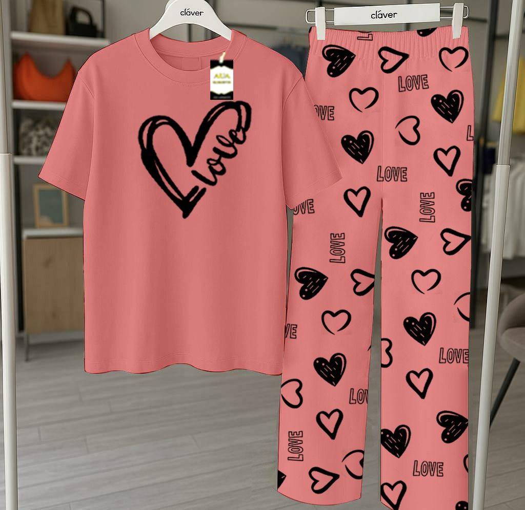 Peach Printed Nightwear Set With Love Heart Printed Trousers – Women's Lounge Wear