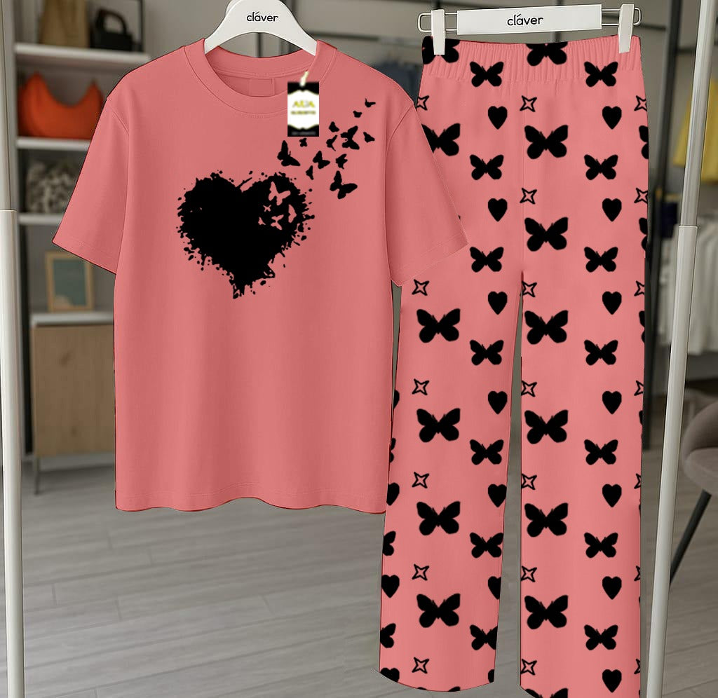 Peach Printed Nightwear Set With Star Butterfly Printed Trousers – Women's Lounge Wear