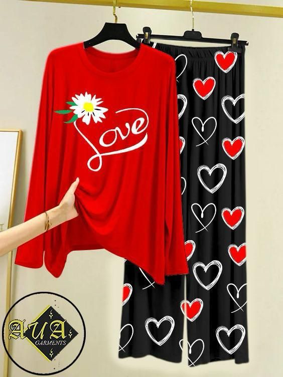 Red Color Heart Printed Trouser Lounge wear Nightwear Sleepwear With Heart Prinred Trouser For Women
