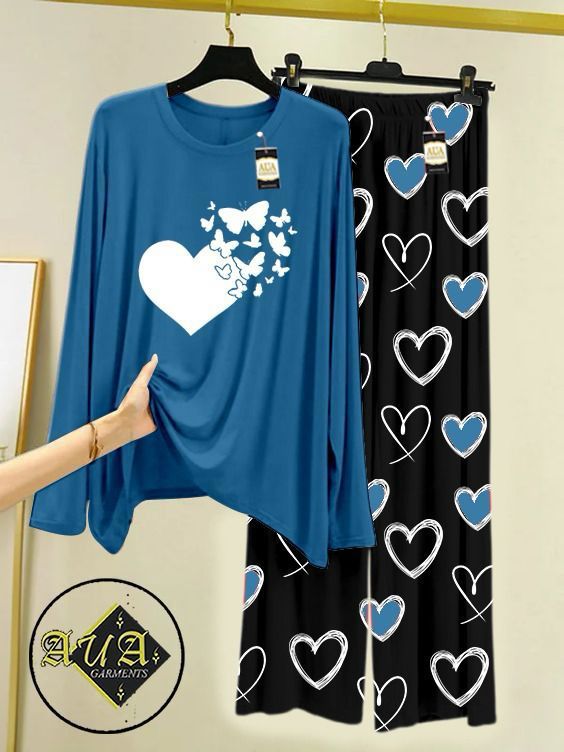 Aqua Blue Color Heart Printed Trouser Lounge wear Nightwear Sleepwear With Heart Prinred Trouser For Women