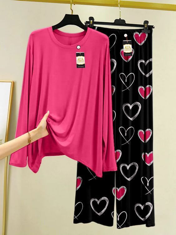 Plain Color Heart Printed Trouser Lounge wear Nightwear Sleepwear With Heart Printed Trouser For Women